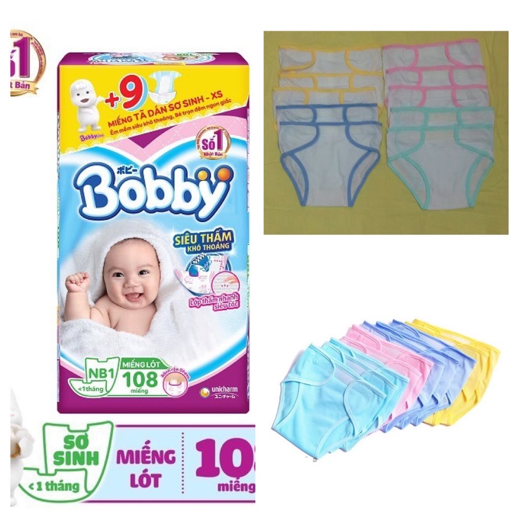 Combo 1 bịch lót newborn 1 Bobby 108 miếng và 10 tã dán màu/trắng cho bé sơ sinh