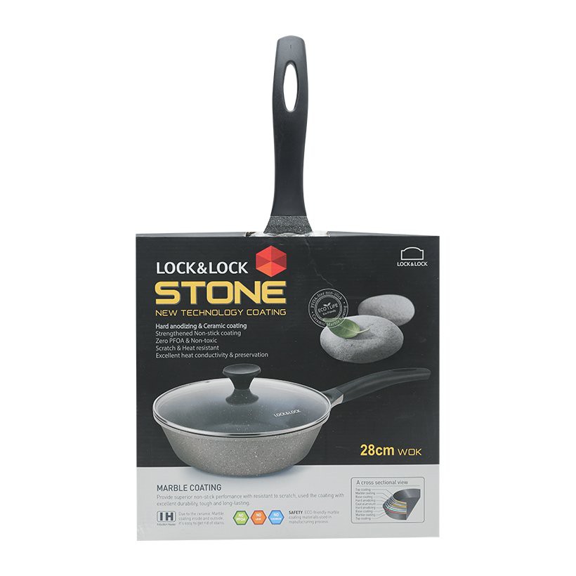 Chảo vân đá sâu lòng Lock&Lock Stone LCA6285D 28cm vung kính dùng bếp từ