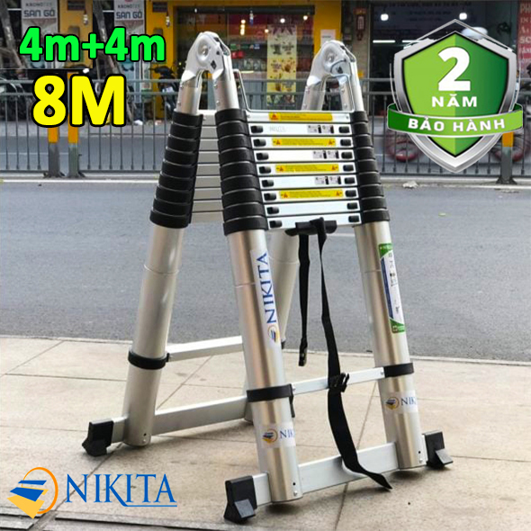 Thang nhôm rút xếp đôi NIKITA AI80 chữ A: 4.0M chữ I: 8.0M (Bảo hành 2 năm) Hàng chính hãng có logo dập nổi