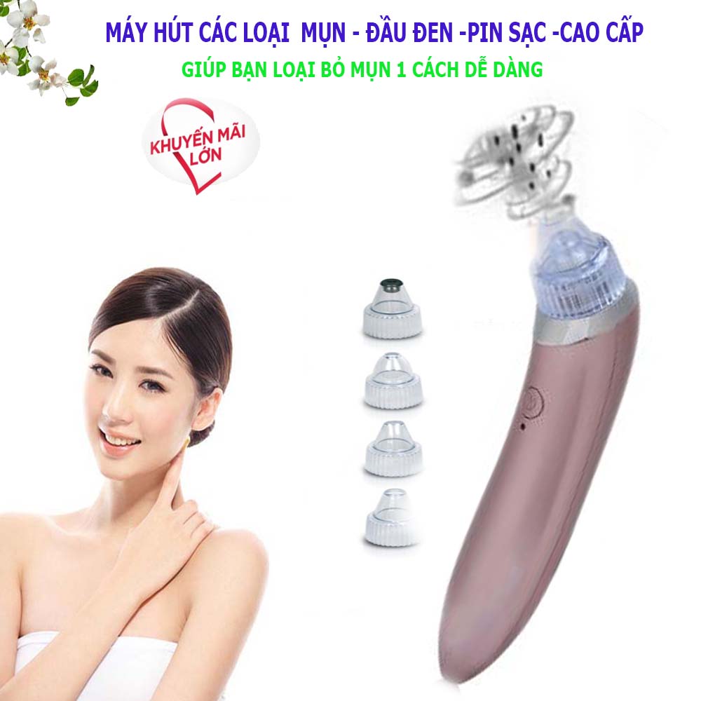 Máy Hút Mụn, Máy Hút Bã Nhờn, Máy hút mụn thiết kế nhỏ gọn; Máy có 4 đầu hút, sử dụng pin sạc-GIẢM GIÁ CỰC HẤP DÂN!