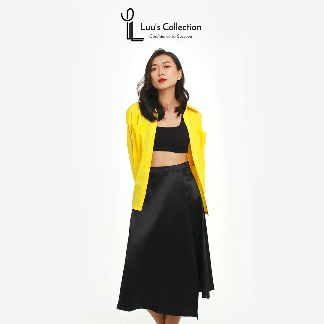 Chân váy midi đắp tà màu đen và vàng đồng chất vải lụa luu's collection