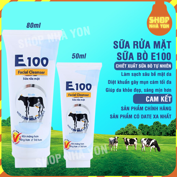Sữa rửa mặt con bò E100 tinh chất sữa bò dưỡng ẩm chống lão hóa tẩy sạch bụi bẩn bã, nhờn và ngừa mun