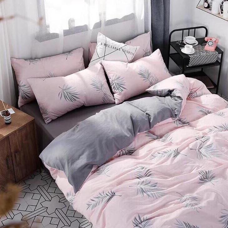 -bộ chăn ga gối lá hồng chất đũi nhập.