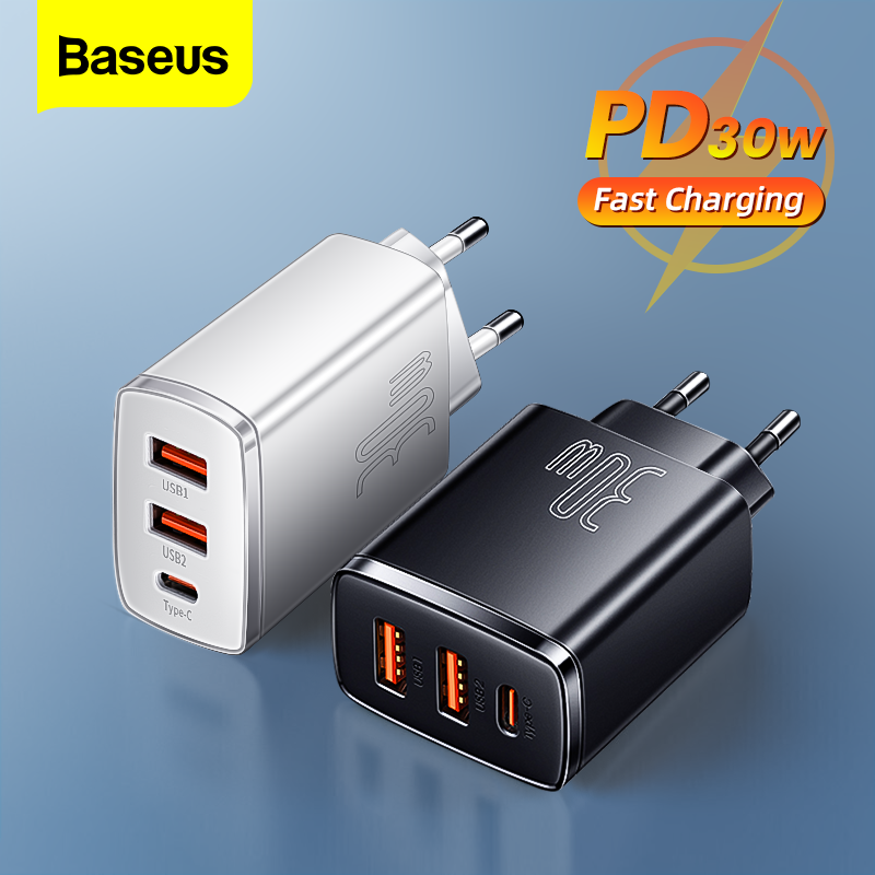 Baseus Bộ sạc PD 30W/20W USB Type C Sạc nhanh 3 cổng với Cổng USB-C 30W, Cổng USB 18W cho iPad Pro, iPhone 14 13/12 / Max / Pro, Galaxy, Pixel và hơn thế nữa