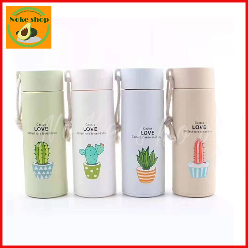 Bình Giữ Nhiệt Thủy Tinh Bọc Nhựa Lúa Mạch 450ml Họa Tiết Xương Rồng, Chống Va Đập, Có Dây Xách Tiện Dụng