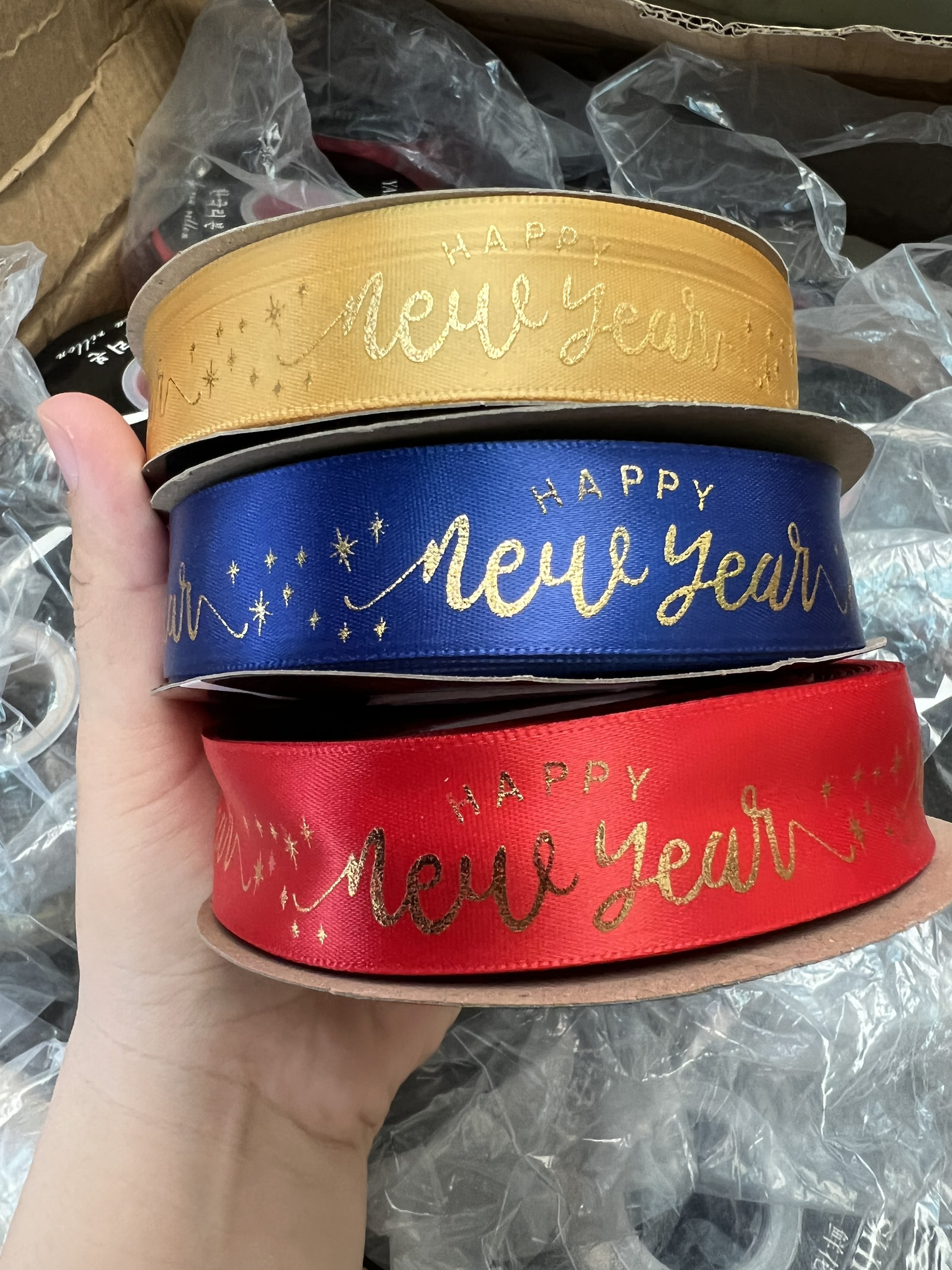Ruy băng happy new year mẫu mới - ruy băng cột giỏ quà tết 2024 - dây ruy băng trang trí tết làm cây ước nguyện