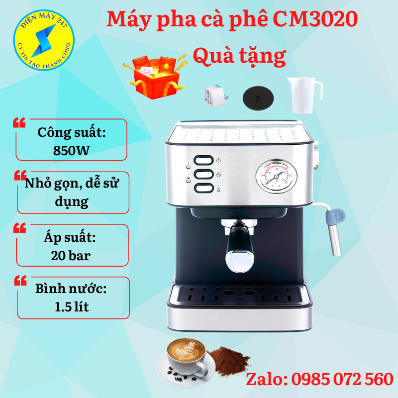 Máy pha cà phê Espresso CM3020 - tự động - 20 bar - nhỏ gọn - Mới 100%