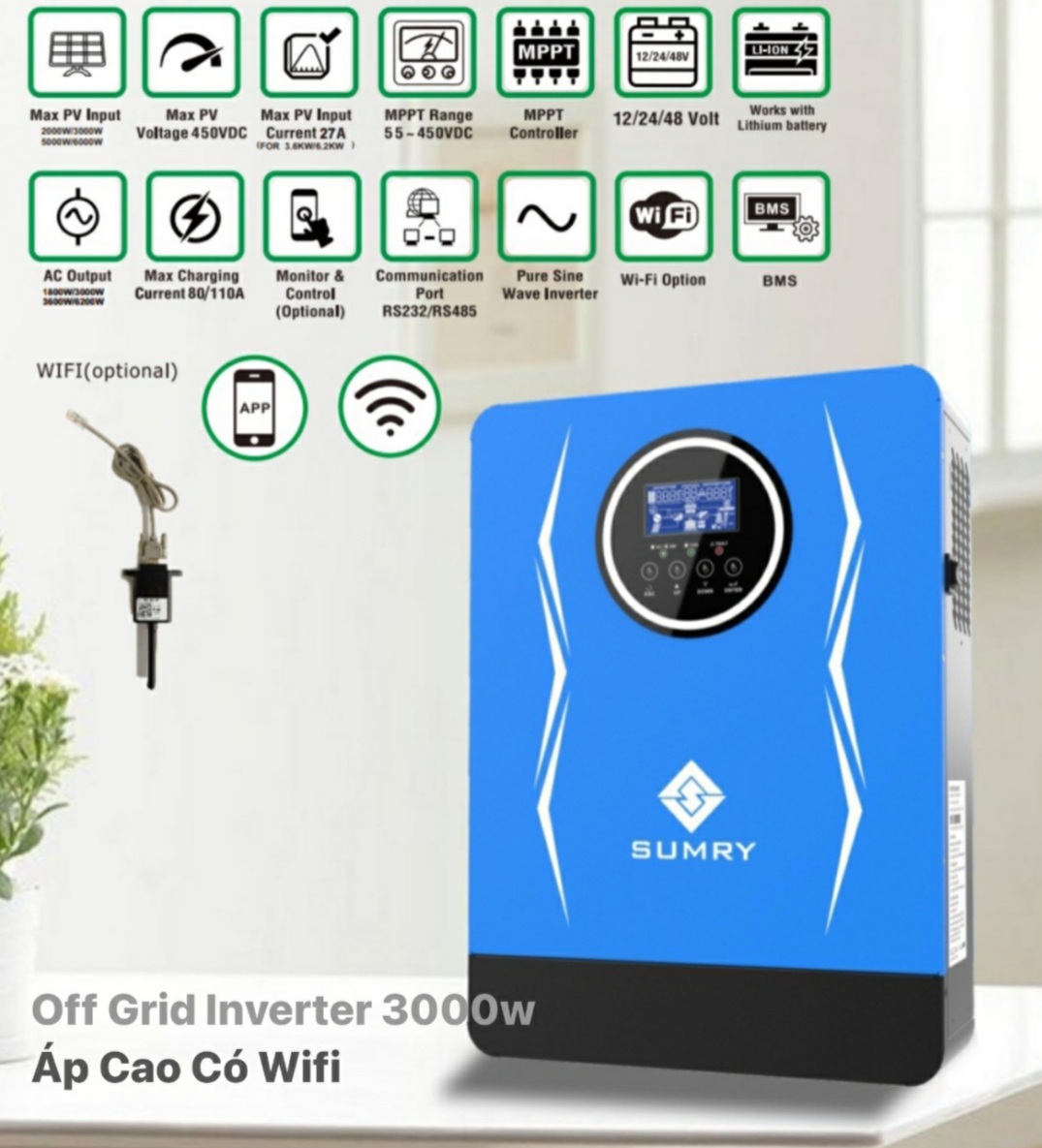  Bộ đổi điện đa dụng 3000W 24V điện áp 55V - 450V sạc MPPT 80A có Wifi - SP-3200 Wifi 