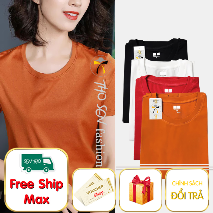 Áo thun nữ trơn cộc tay cổ tròn, phông form ôm đẹp chất vải co giãn màu đen, trắng, đỏ, cam đất