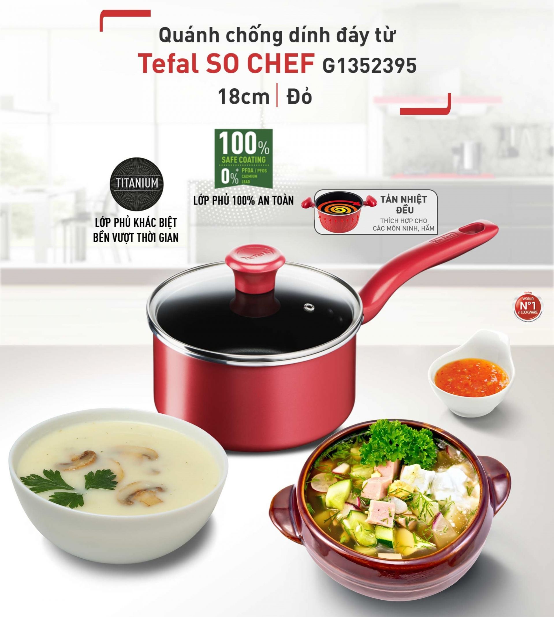 [ Hỏa tốc HN - HCM ]   Nồi cán dài Tefal G1352395  Quánh Tefal đáy từ So Chef 18cm  Quánh chống dính