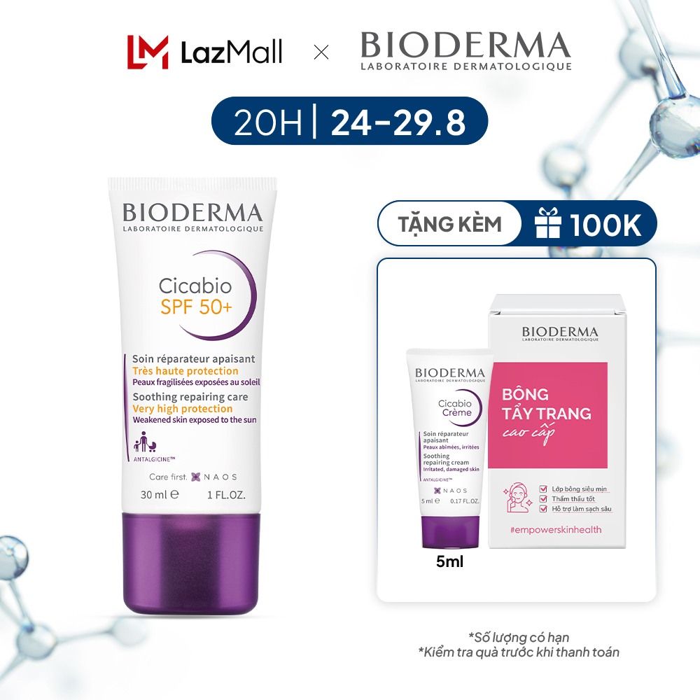Kem dưỡng phục hồi nhanh và hạn chế tăng sắc tố cho da tổn thương Bioderma Cicabio Creme SPF 50+ - 30ml