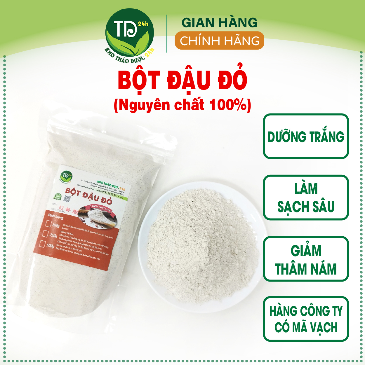 [250 gr] Bột đậu đỏ nguyên chất 100% say mịn, dưỡng trắng da, mờ thâm sạm, chống lão hoa, tẩy tế bào chết, giúp da mịn, tươi trẻ I Kho Thảo Dược 24h