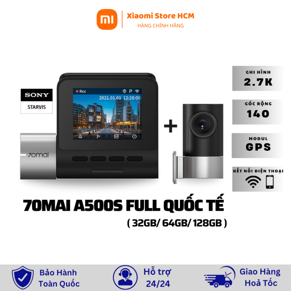 Camera hành trình Xiaomi 70mai A500s camera trước sau Độ phân giải 2k quốc tế Kết nối Wifi GPS cảm biến Sony siêu quay đêm cảnh báo va chạm lệch làn GPS chế độ trông xe 24h với góc quay rộng 140 độ bảo hành 2 năm