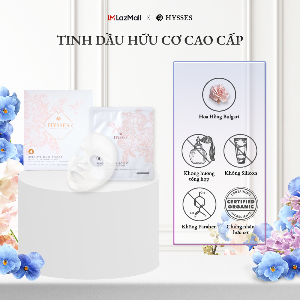 Mặt Nạ Sinh Học Cao Cấp Hysses Bio Cellulose Brightening  Làm Trắng Da, Cấp Ẩm Sâu, Hỗ Trợ Tình Trạng Viêm, Kích Ứng, Giúp Mờ Nếp Nhăn Với Tinh Dầu Gỗ Đàn Hương - Hoa Hồng Hữu Cơ Tự Nhiên