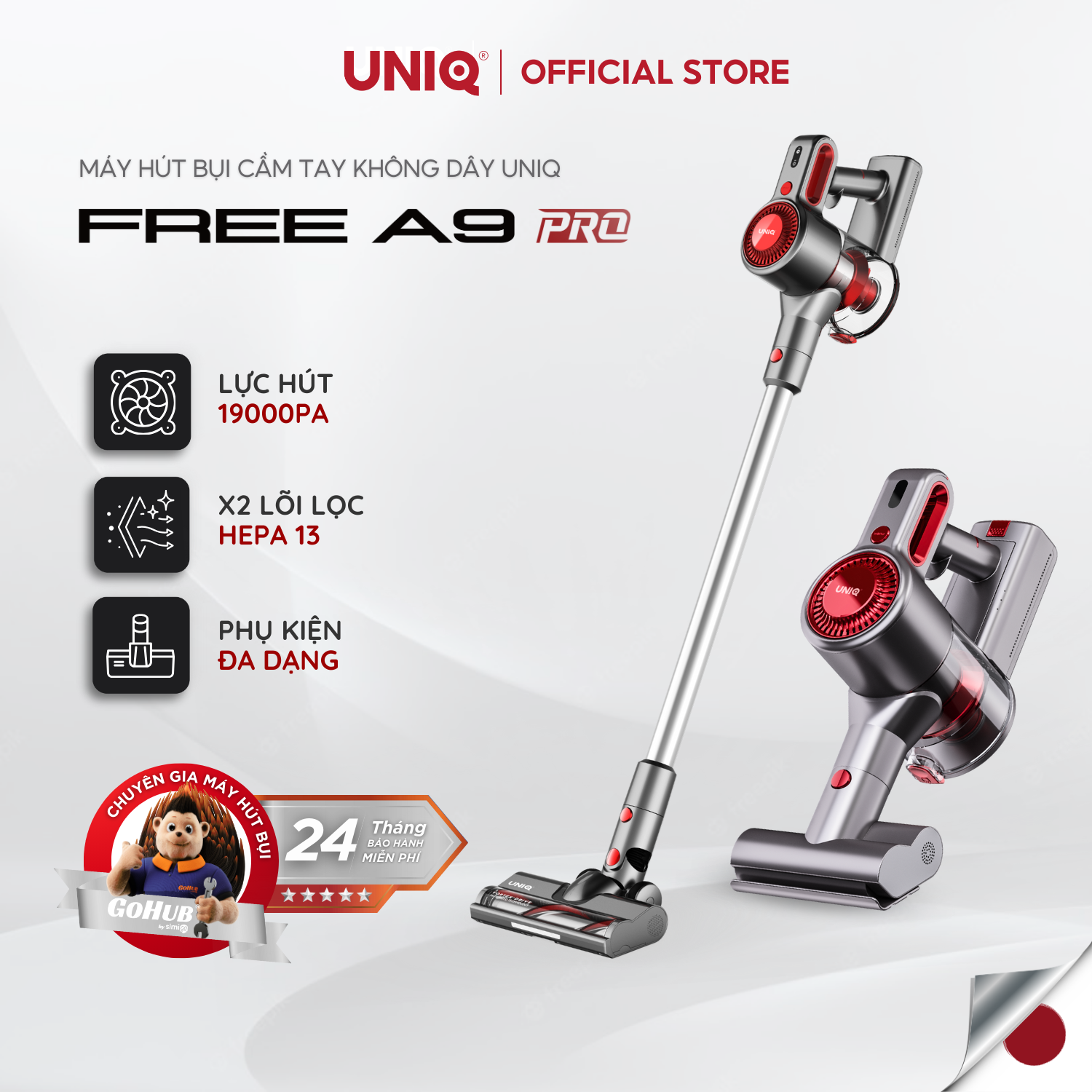  Máy Hút Bụi Cầm Tay Không Dây UNIQ Free A9 Pro Lực Hút Mạnh 19000 Pa Gia Đình Mini Pin Sạc Hút Giường Đệm Nệm Sofa 