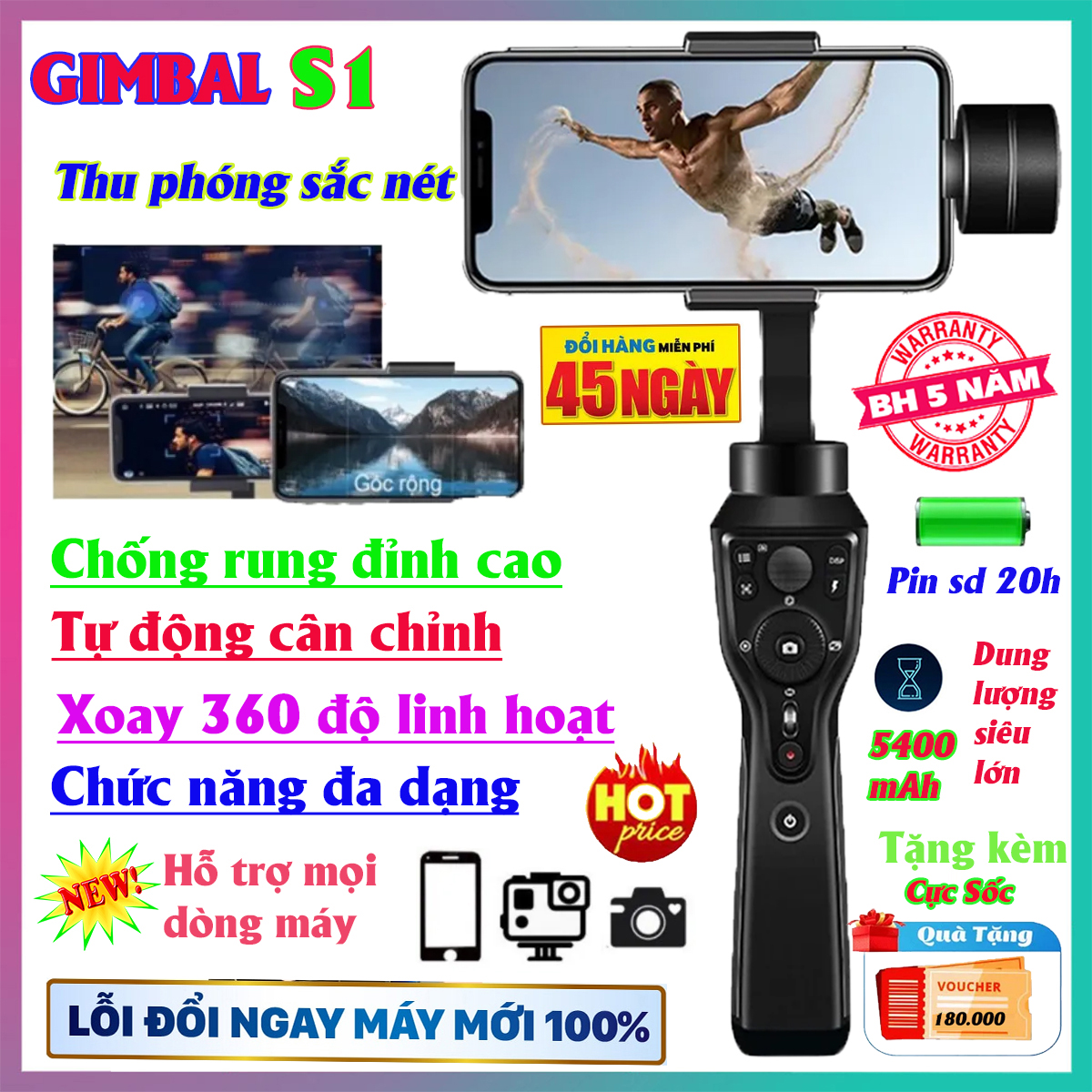 Gimbal chống rung điện thoại, Gimbal S1 hỗ trợ quay theo gương mặt, Gimbal chống rung chính hãng, thiết bị quay phim, video, vlog, chuyên nghiệp cho điện thoại, máy ảnh, tự động cân chỉnh