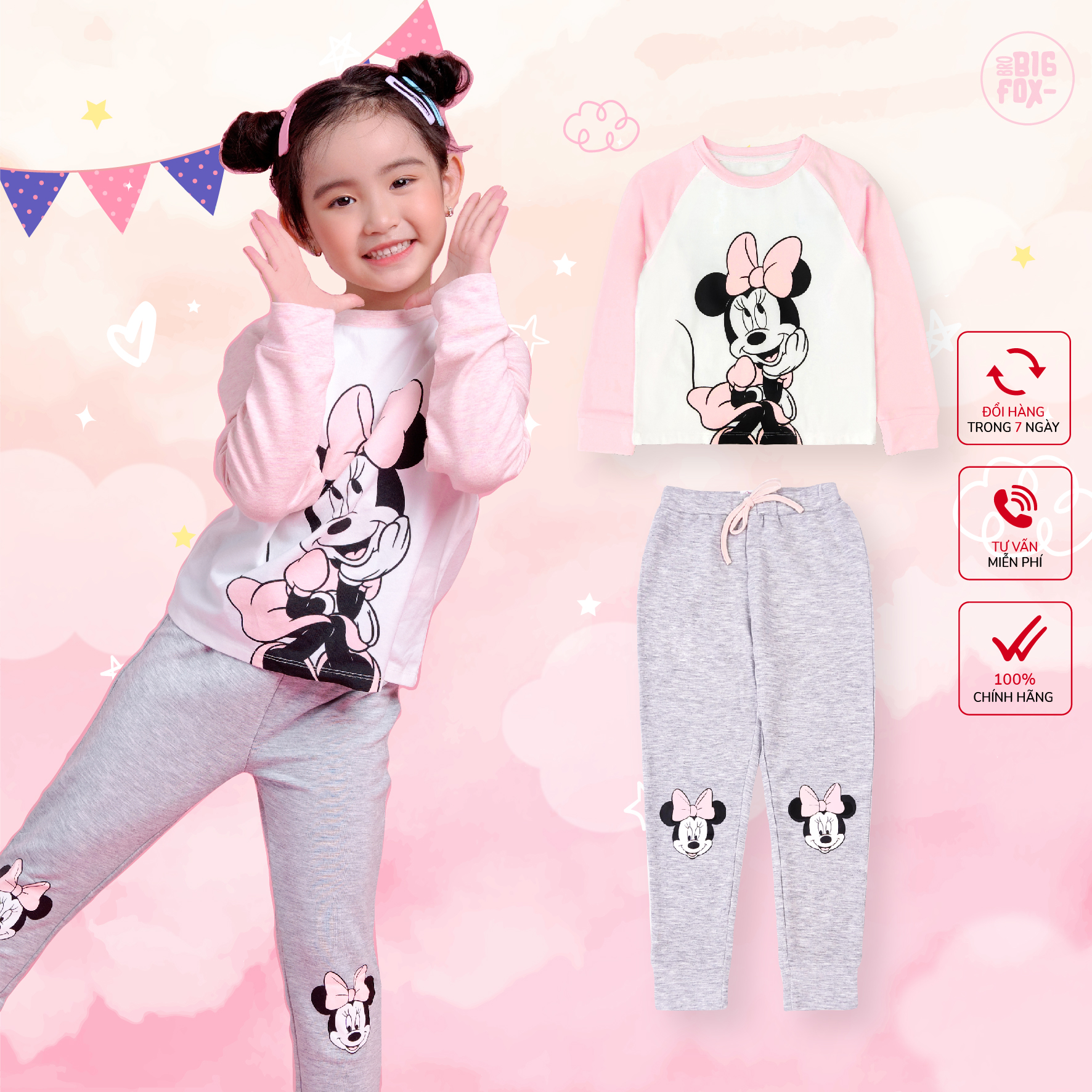 Đồ bộ bé gái bigfox missmeow size đại, set bộ quần áo dài tay cho bé in hình chuột micky 2-11