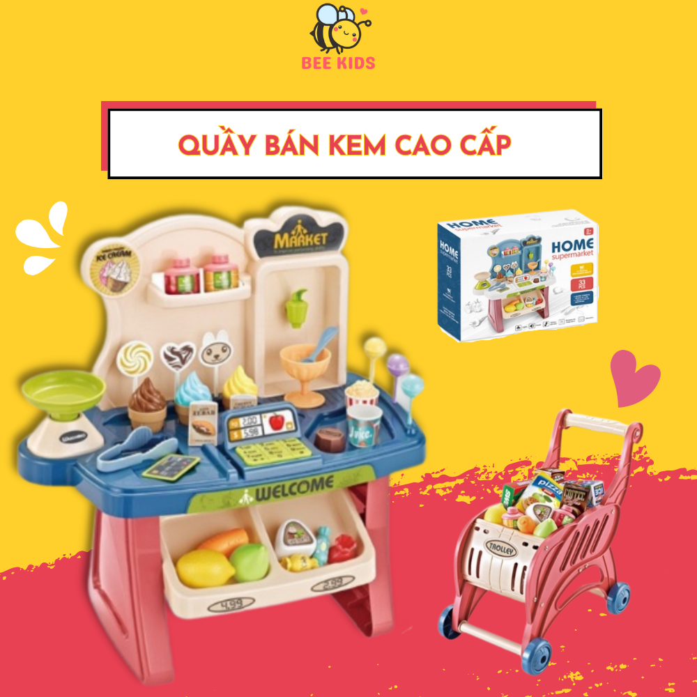 Đồ chơi siêu thị kèm xe đẩy 40 chi tiết cho bé-quầy bán kem mini dành,đồ chơi bán hàng,đồ chơi siêu thị -Beekids