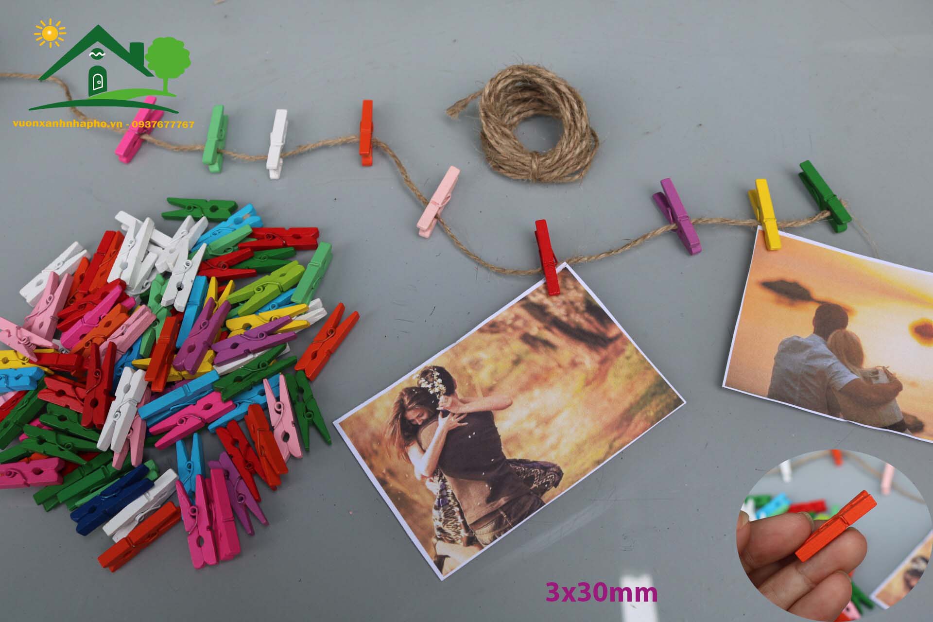 Sét 100-200 Kẹp Gỗ Mini Treo Hình Ảnh Nhiều Màu Size 0.3x3cm + Tặng Dây Thừng