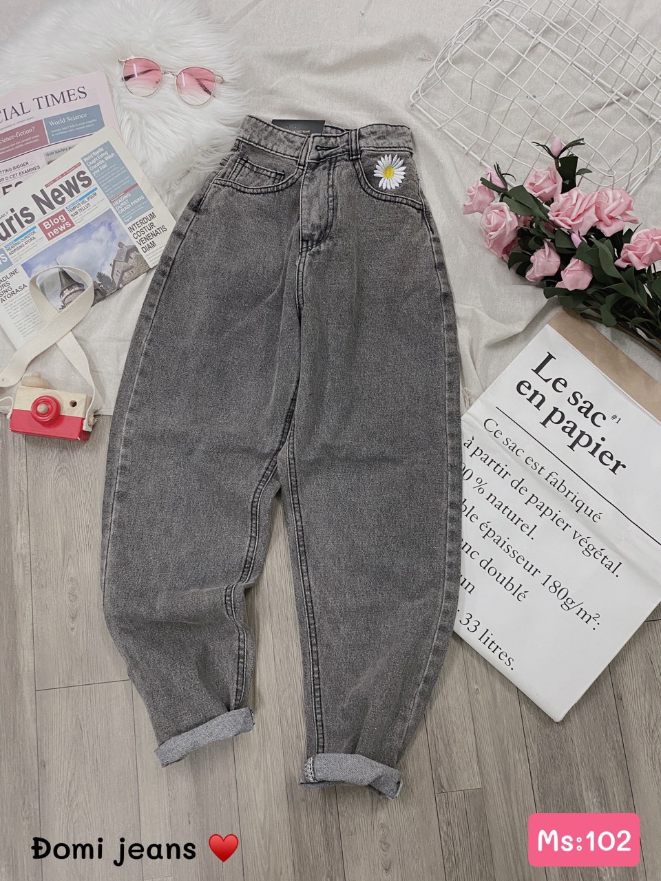 Quần baggy thêu bông cúc hạo mi siêu dễ thương - jt