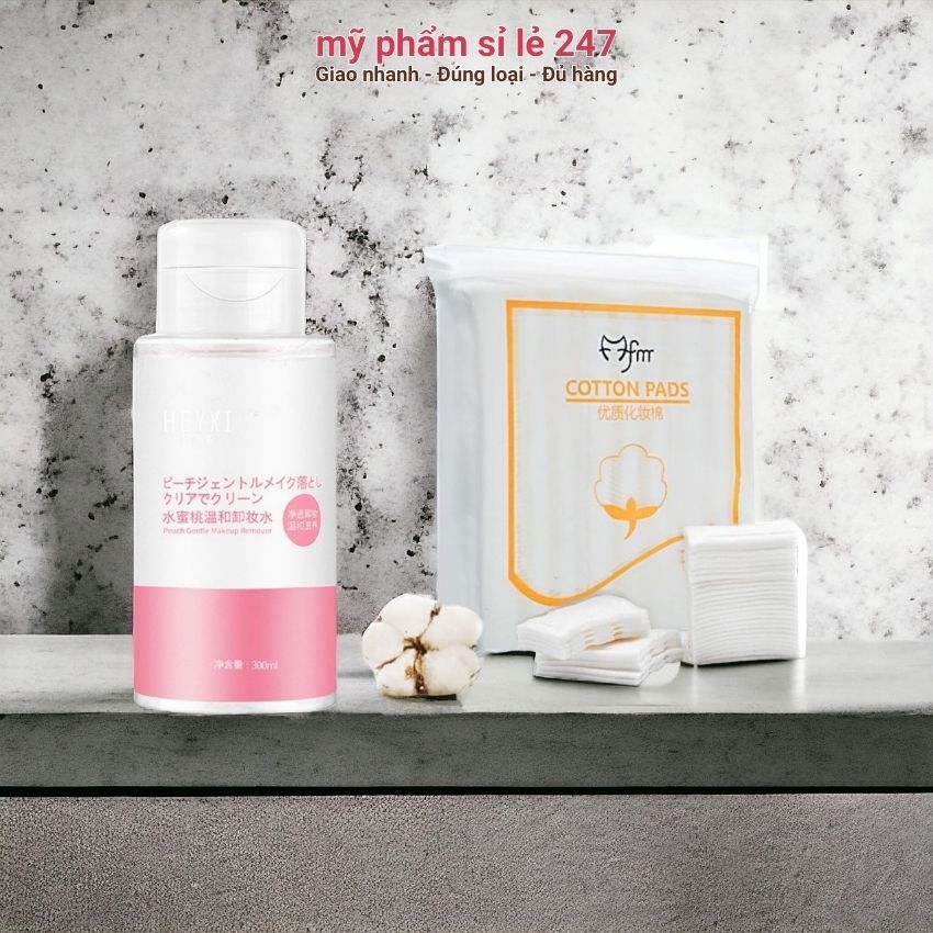 Combo nước tẩy trang và bông tẩy trang 222 miếng Heyxi nước tẩy trang cho da dầu mụn
