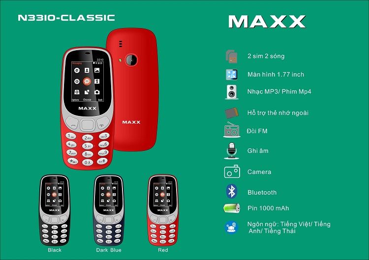 Điện thoại maxx n3310 2 sim - thiết kế độc đáo và đẹp mắt -fm không cần tai nghe-nghe nhạc-đầy đủ tính năng