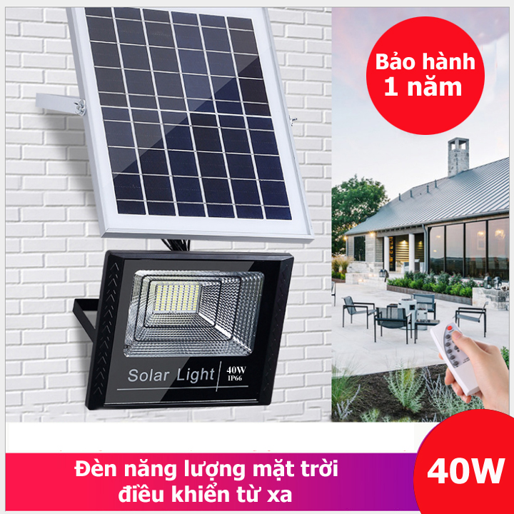 Đèn năng lượng mặt trời công suất 40 W. Cảm biến ánh sáng tự động bật sáng khi trời tối và tắt đèn khi trời sáng Thời gian chiếu sáng liên tục lên tới 12- 20 giờ