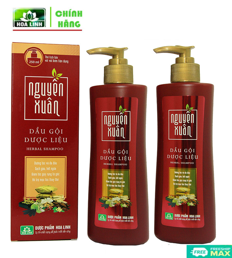 [Combo 2 chai] Dầu gội dược liệu Nguyên Xuân sạch gàu, kích thích mộc tóc 250g Chai vòi màu đỏ - Chính hãng Hoa Linh