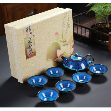 Bộ ấm trà gốm zisha kiln cao cấp 6 chén - có chú cá bên trong chén