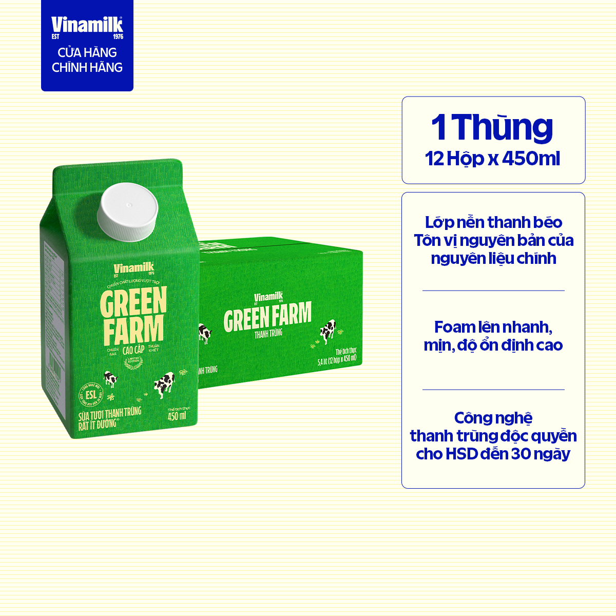 [CHỈ GIAO HCM+HN] Thùng 12 hộp Sữa tươi Thanh trùng Rất ít đường Vinamilk Green Farm 450ml