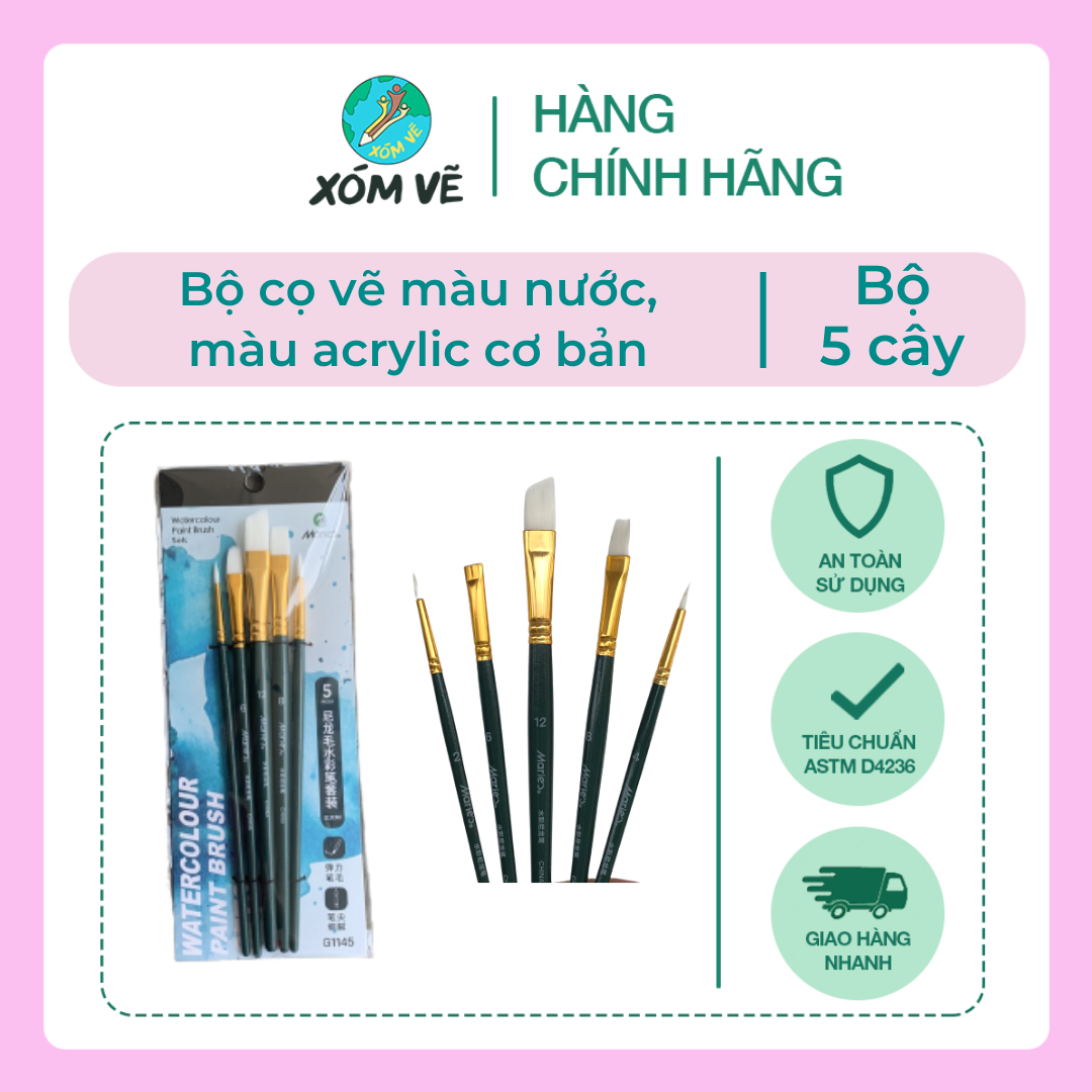 Bộ 5 cây cọ vẽ cơ bản màu nước, acrylic, gouache, sơn dầu marie's