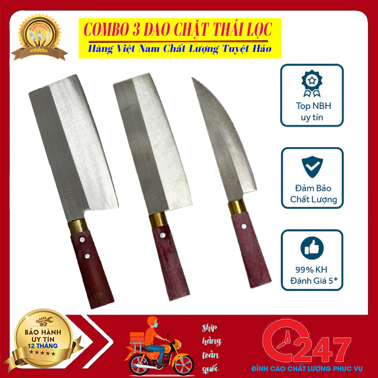 Bộ dao làm bếp 3 món chất liệu thép trắng không gỉ cao cấp, gồm dao chặt xương, dao thái thịt, dao lọc thịt siêu bén, giá rẻ