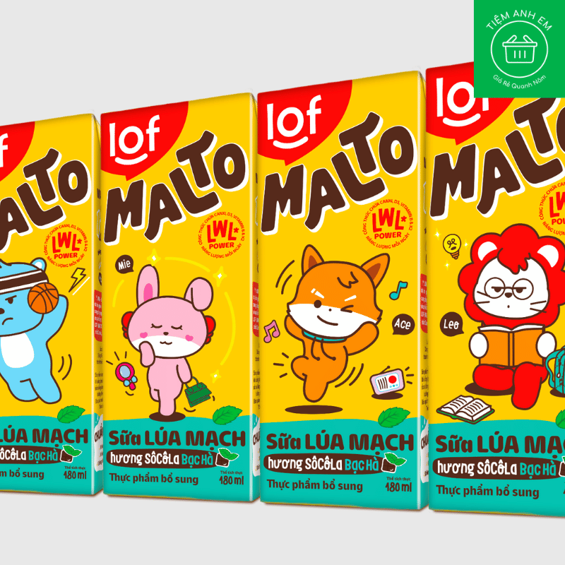 Lốc 4 sữa Lúa Mạch Lof Malto hương Sô Cô La Bạc Hà 180ml