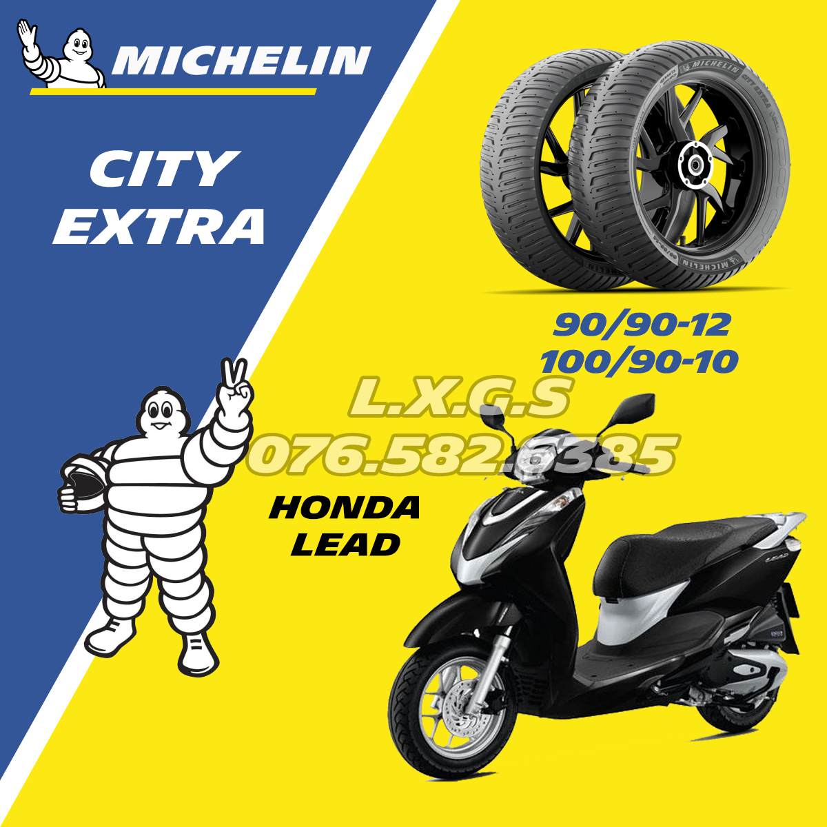 Vỏ lốp xe michelin city extra cho honda lead trước 90/90-12 và sau 100/90-10, vỏ ko ruột.