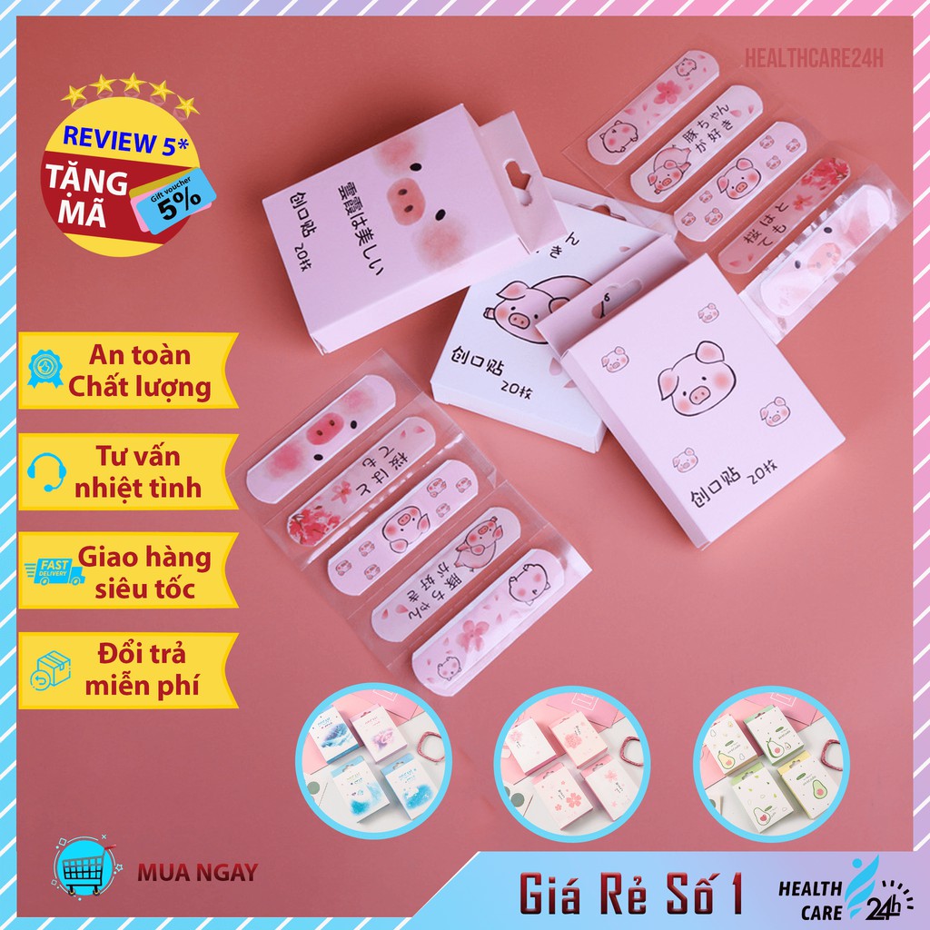 Băng keo cá nhân urgo hình họa tiết cute dễ thương Healthcare24h E001, 1 hộp 20 miếng ơ gâu dán vết thương ít thấm nước