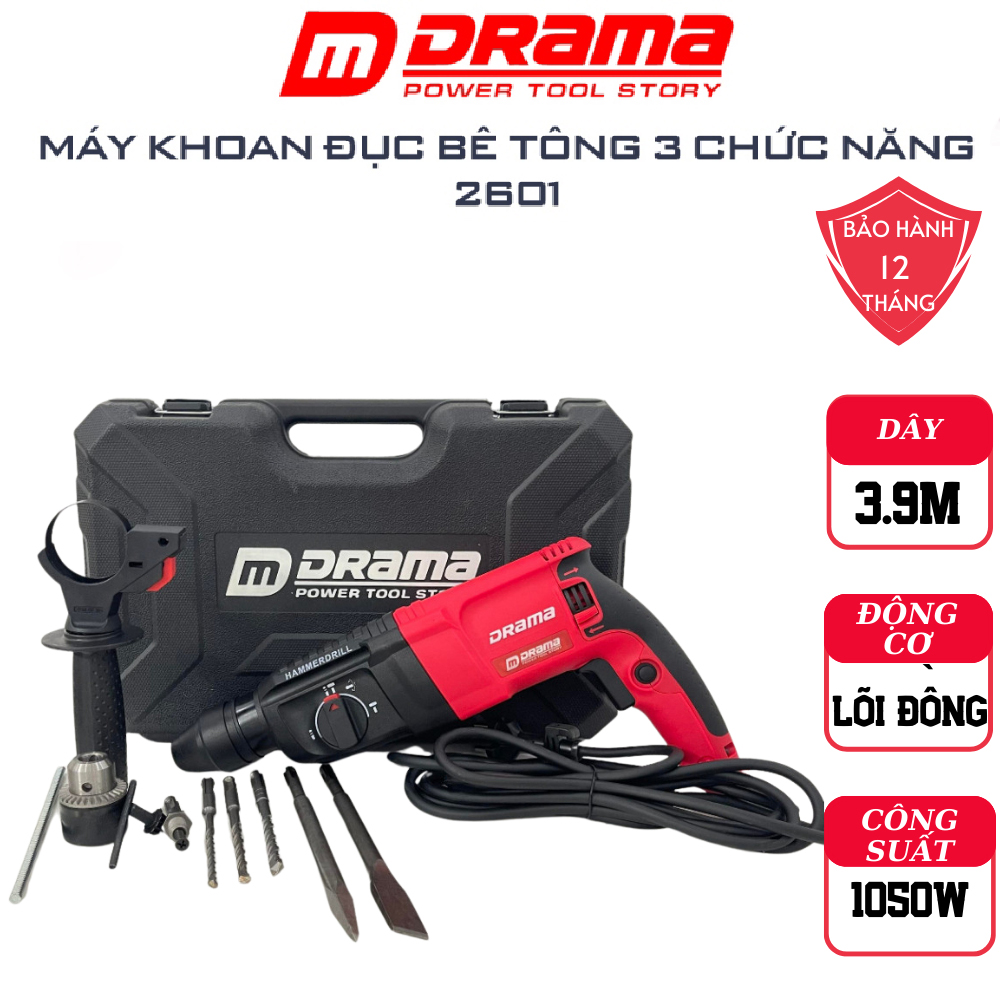 Máy khoan đục bê tông drama 2601, công suất 1050w kèm 5 mũi khoan đục + đầu khoan 13mm