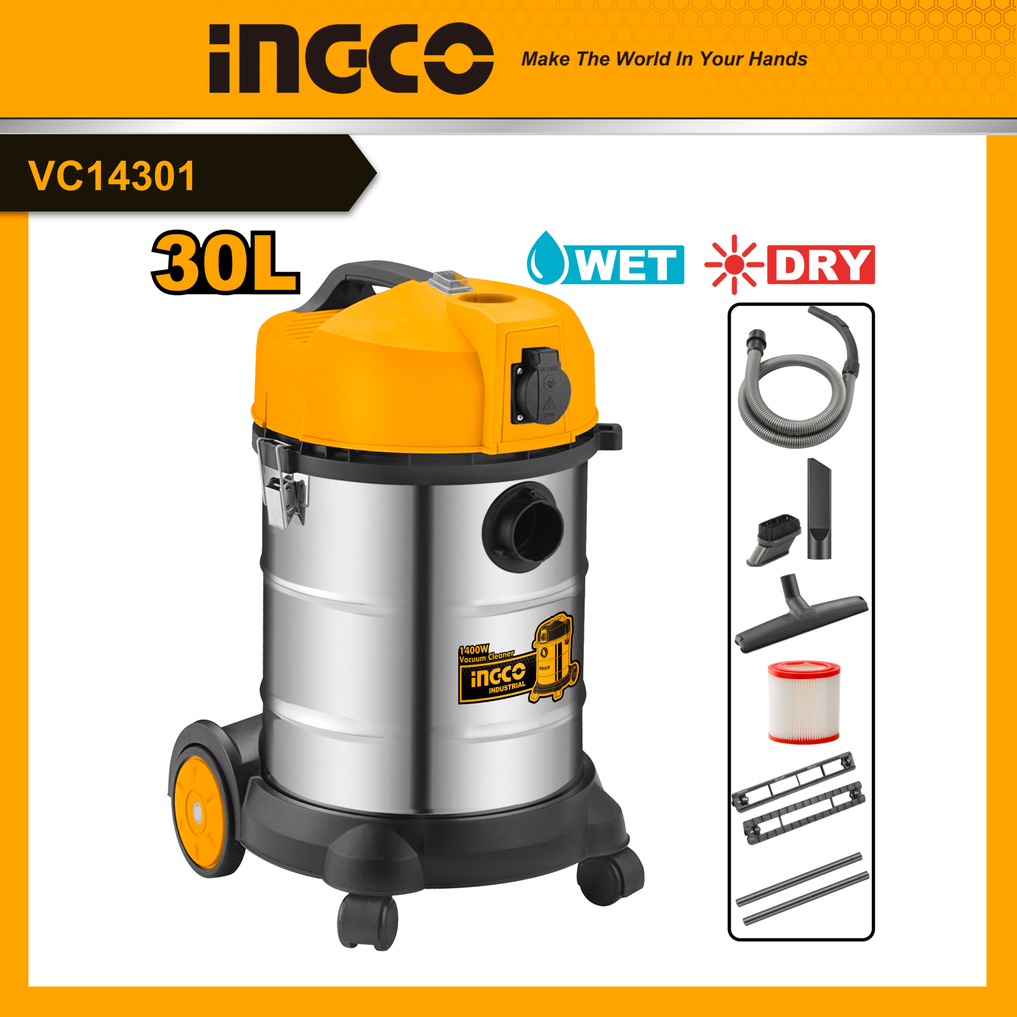 Ingco vc14301 máy hút bụi công nghiệp khô/ướt 30 lít