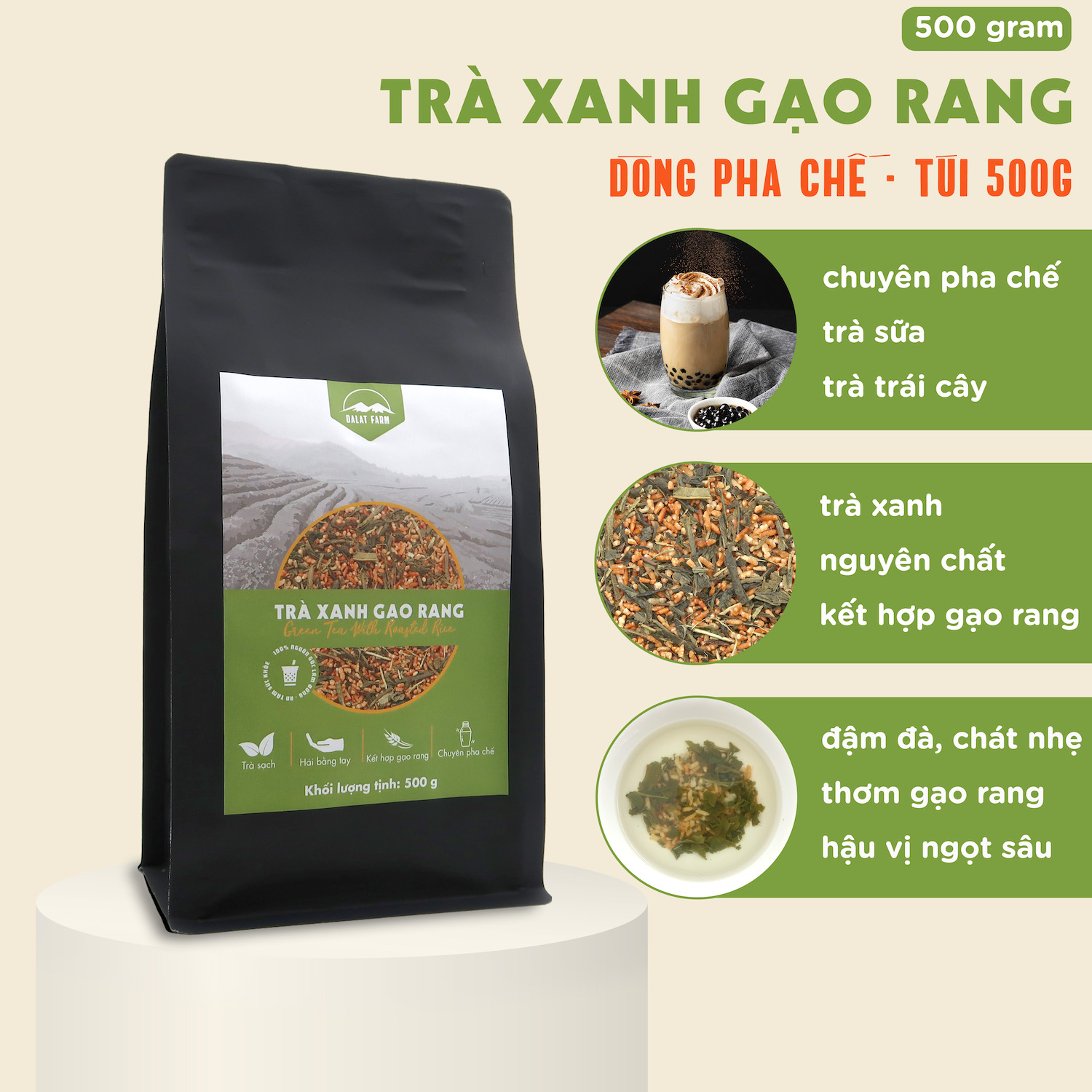  Trà Xanh Gạo Rang DalatFarm - Túi 500g 