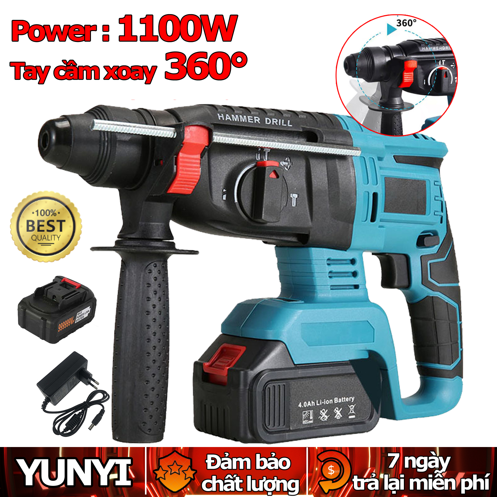 Máy khoan bê tông pin 1100w - khoan đục bê tông lõi đồng 100%,3 chế độ ,động cơ không chổi than, máy khoan tường cầm tay