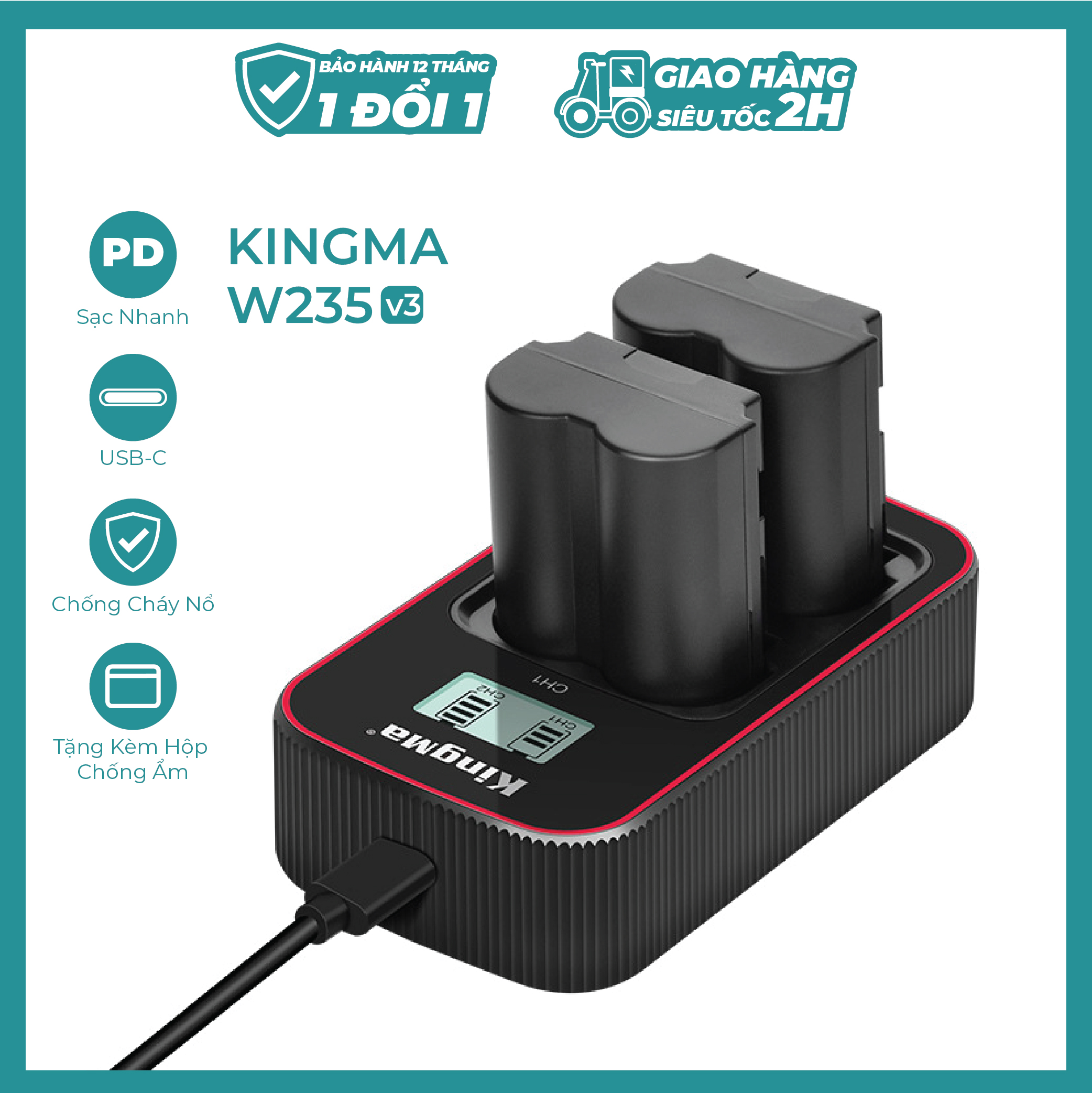 Bộ 2 Pin 1 Sạc Đôi KingMa W235 v3 cho Fujifilm X-T4/X-T5