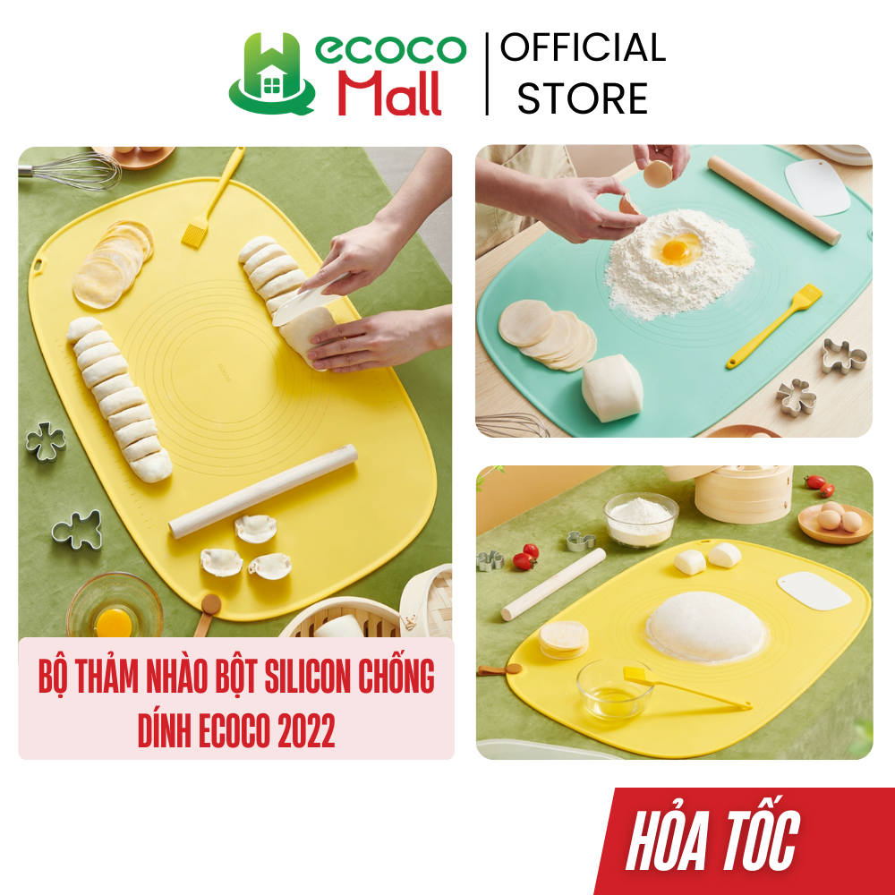Bộ thảm nhào bột silicon chống dính ECOCO tặng kèm cây lăn bột, chổi quét dầu, dao cắt | Tấm lót làm bếp, cuốn nem 2022