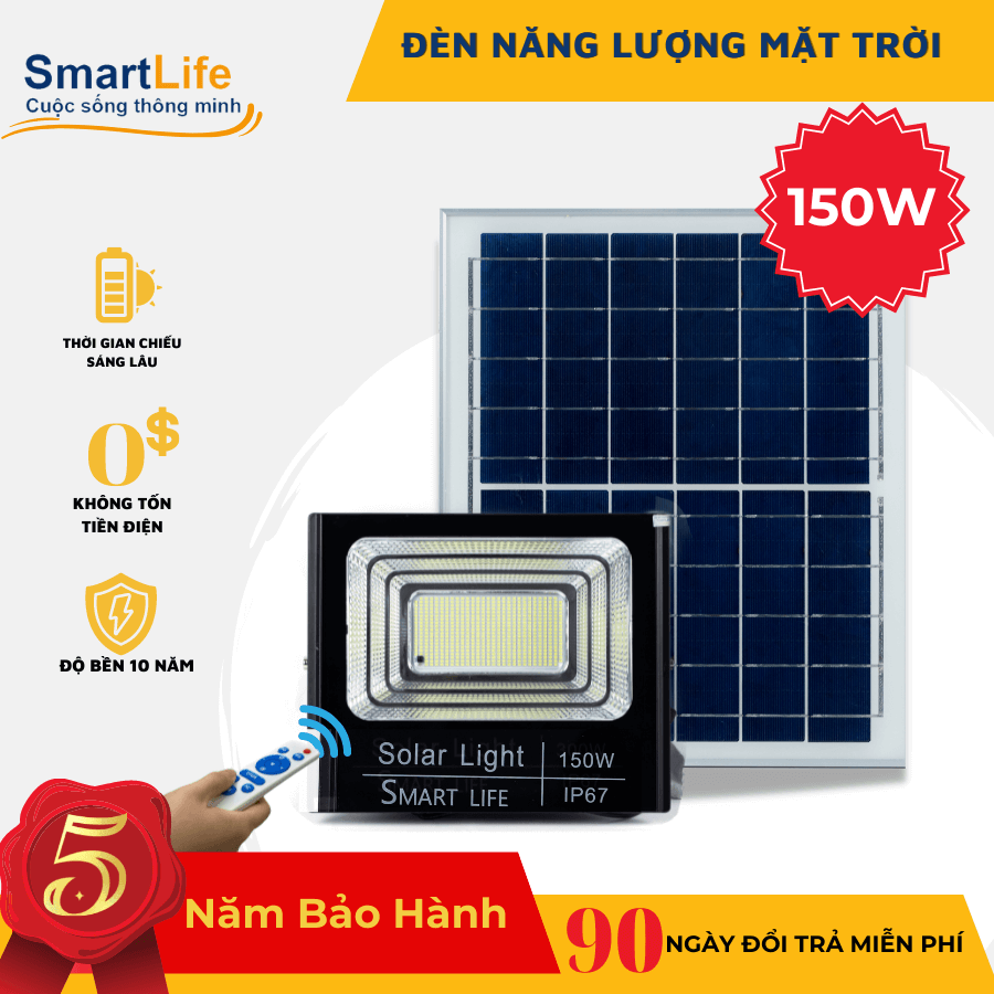 Đèn năng lượng mặt trời, Đèn pha Led năng lượng mặt trời 150W Smartlife sáng 10-12h không tốn điện cảm biến ánh sáng, chống sét, chống nước IP67, vỏ nhôm nguyên khối.