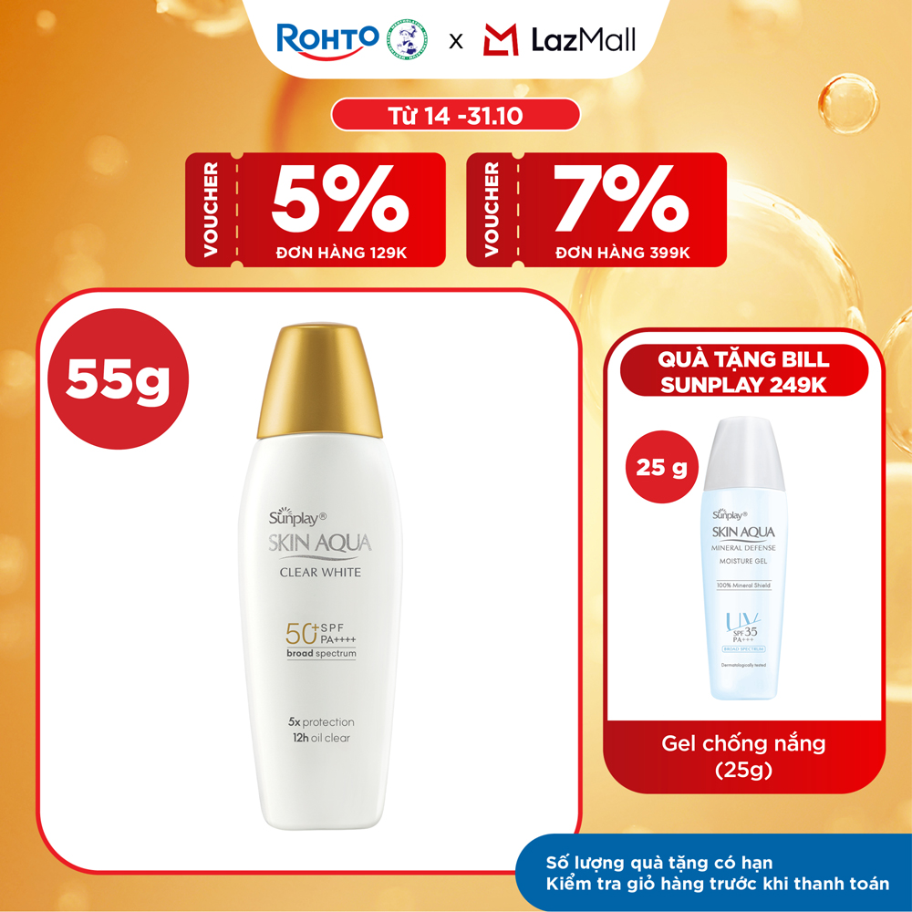 Kem chống nắng Skin Aqua dưỡng trắng, kiểm dầu, dùng hàng ngày dạng sữa Sunplay Skin Aqua Clear White Eco Việt Nam SPF50, PA++++ 55g