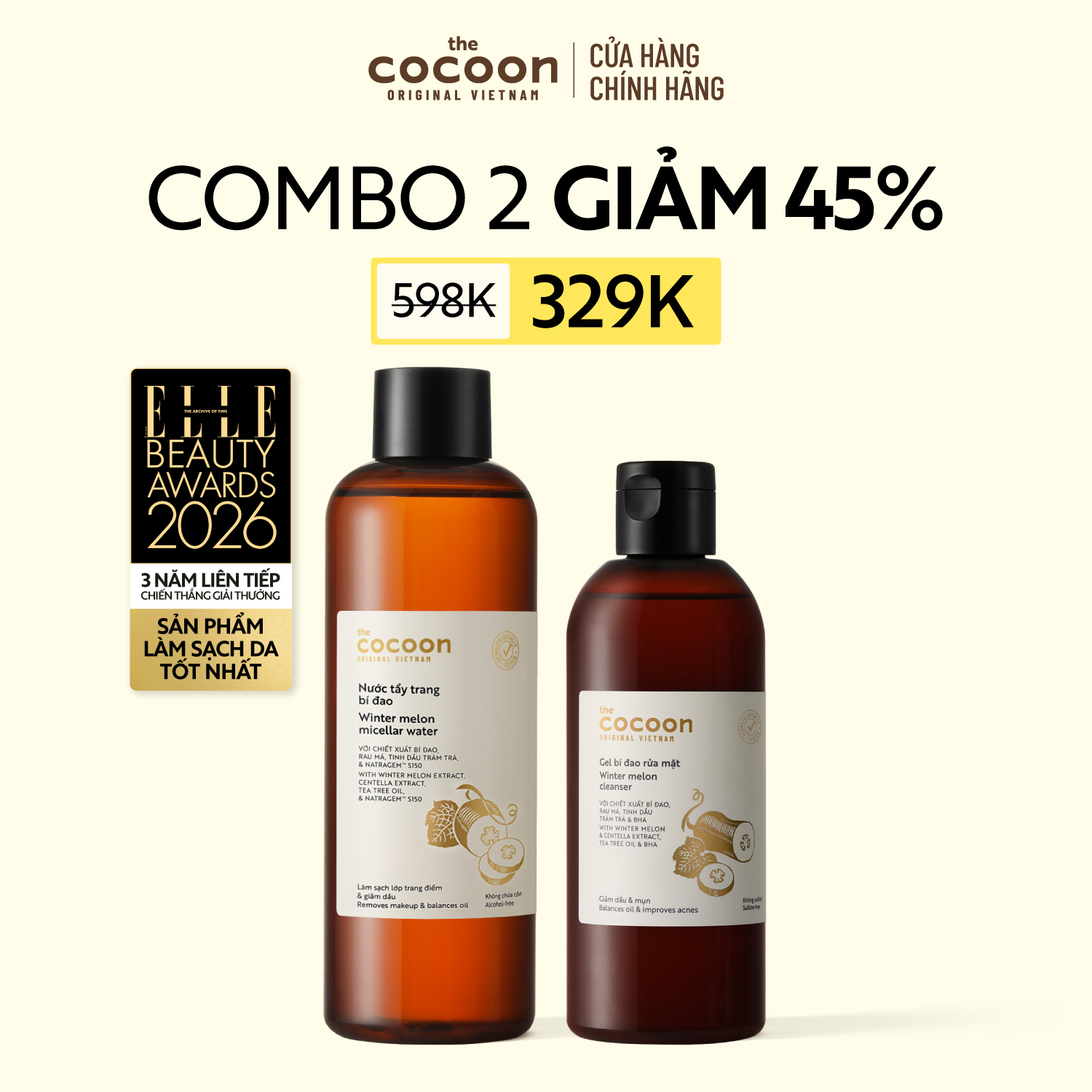 COMBO 1 Bigsize - Nước tẩy trang bí đao Cocoon tẩy sạch makeup  giảm dầu 500ml + 1 Bigsize Gel bí đao rửa mặt Cocoon 310ml