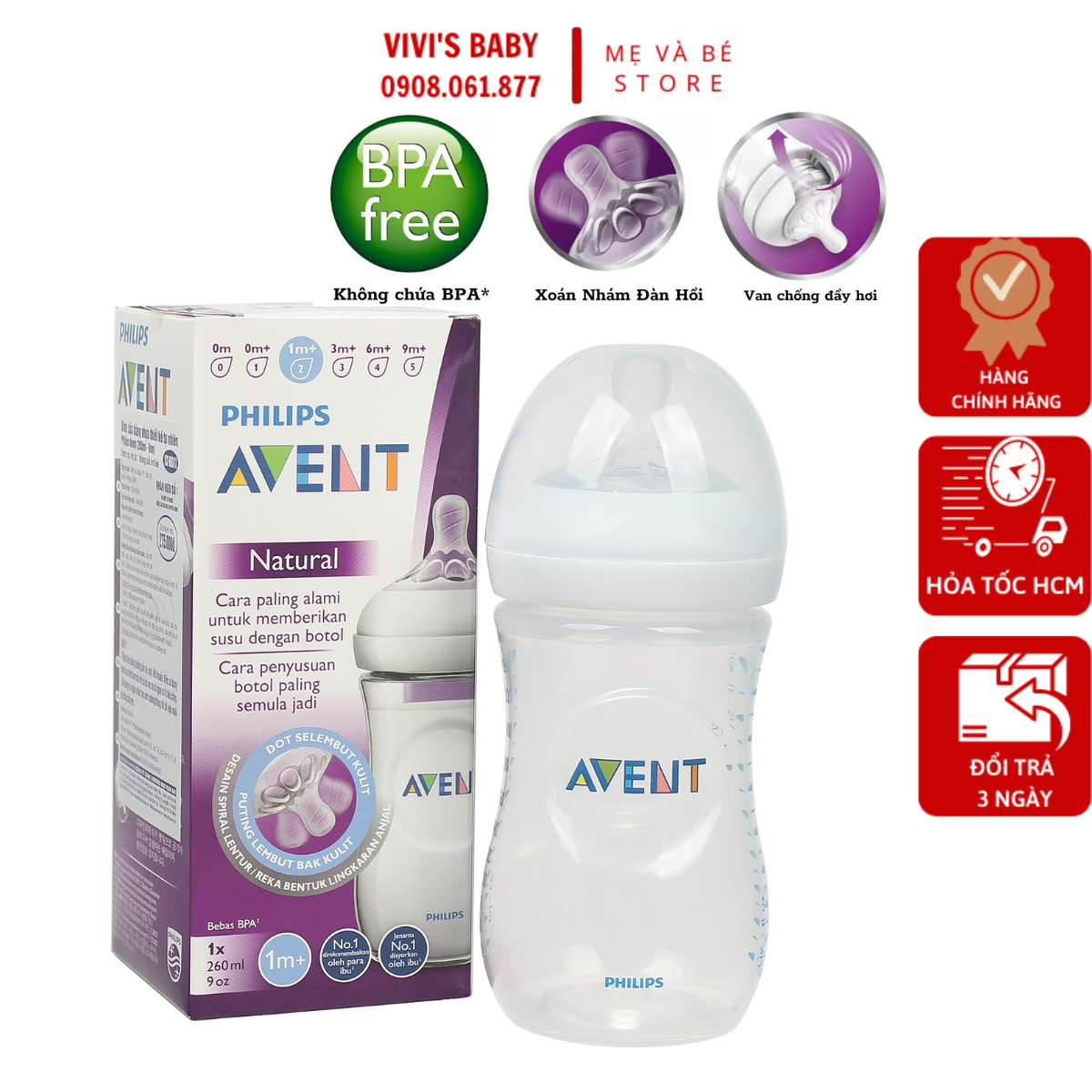 Bình sữa Philips Avent 260ml Mô Phỏng Tự Nhiên Cổ Rộng SCF 693/13 - 1 Đổi 1 Nếu Lỗi NSX