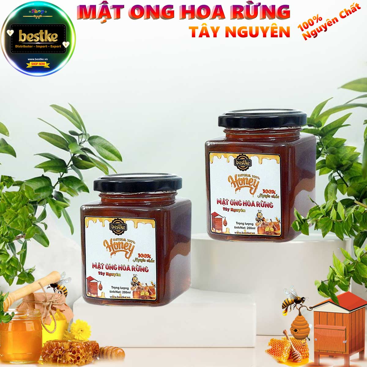 Giảm sốc 2 hũ mật ong hoa rừng tây nguyên , 100% nguyên chất , mỗi hũ thủy tinh 200ml = 280g