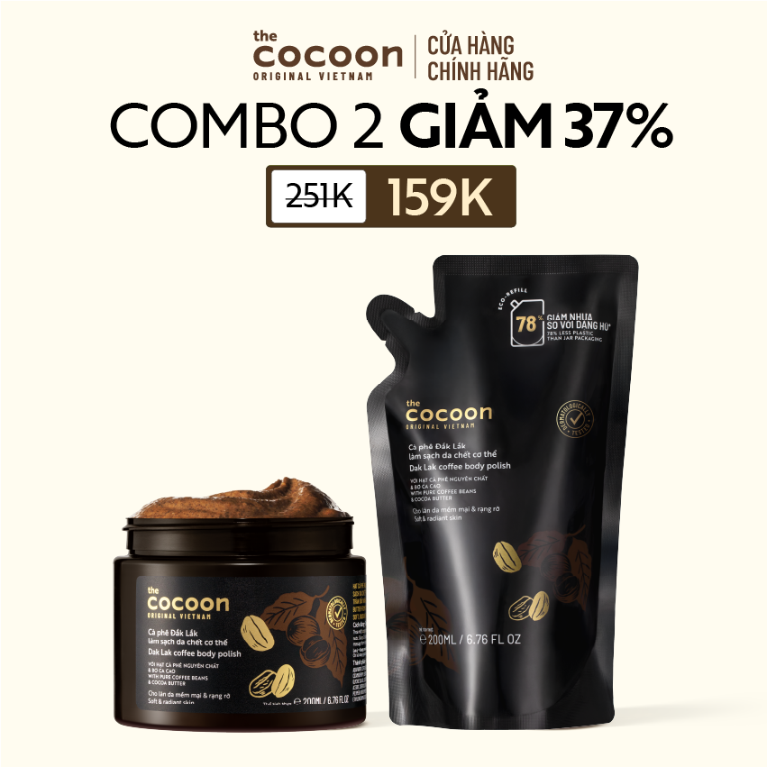 Combo 1 hũ Tẩy da chết cơ thể cà phê Đắk Lắk Cocoon cho làn da mềm mại và rạng rỡ 200ml + 1 Túi refill tẩy da chết cà phê 200ml