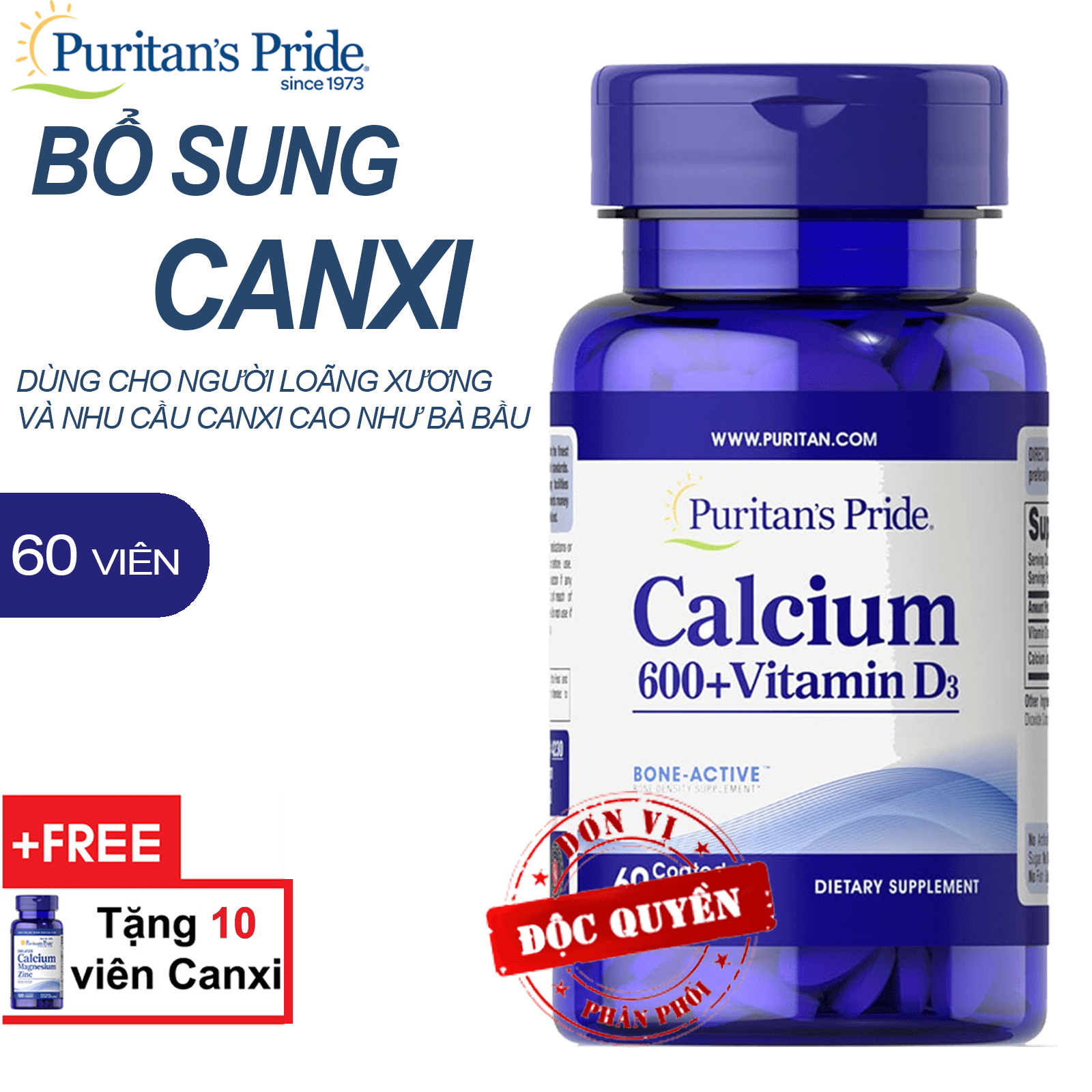 Combo Viên uống CANXI & VITAMIN D giúp tăng chiều cao, ngừa loãng xương Calcium 600 with vitamin D Puritan's Pride