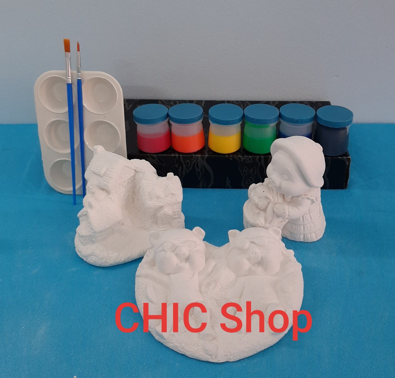 Bộ 03 tượng tô màu thạch cao size 10-15cm + 6 x 20ml màu + 2 cọ + 1 khay pha màu 6 lỗ