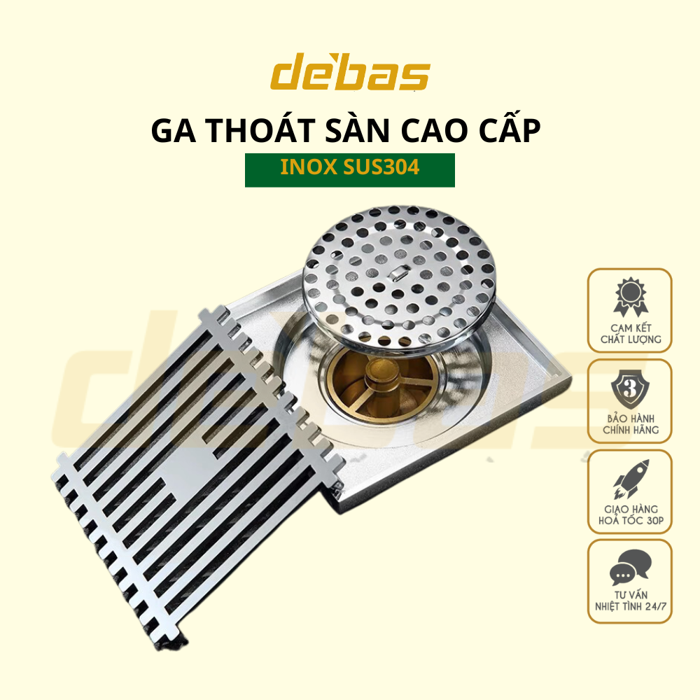 Ga thoát sàn cao cấp inox 304 thông minh phễu thoát sàn ngăn mùi Debas GA 05 Phi 76